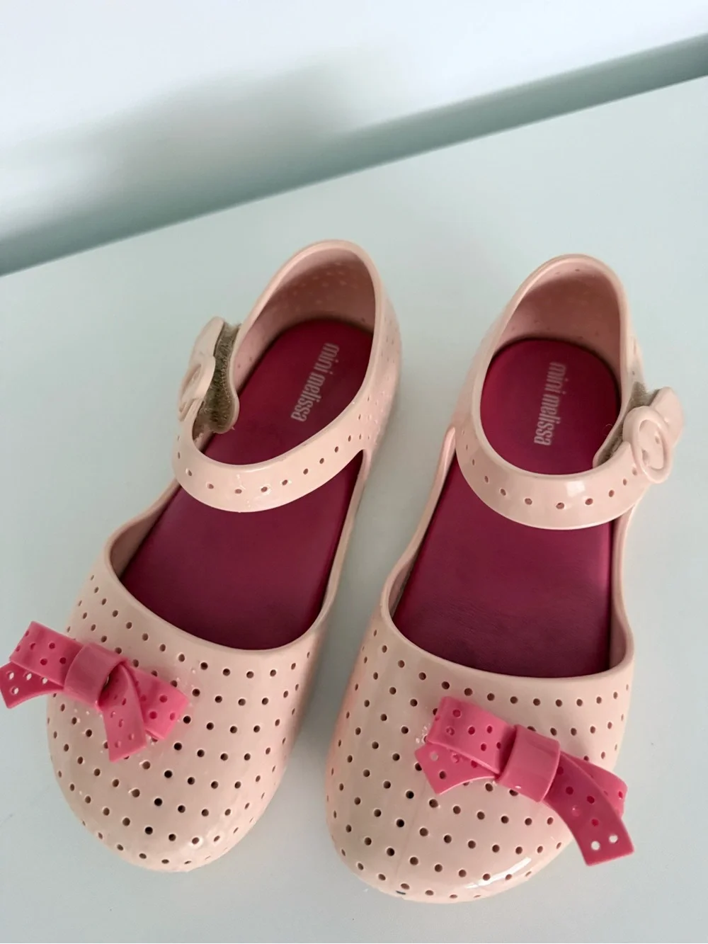 Mini Melissa Pale Pink Mary Jane Shoes with Dark Pink Bows